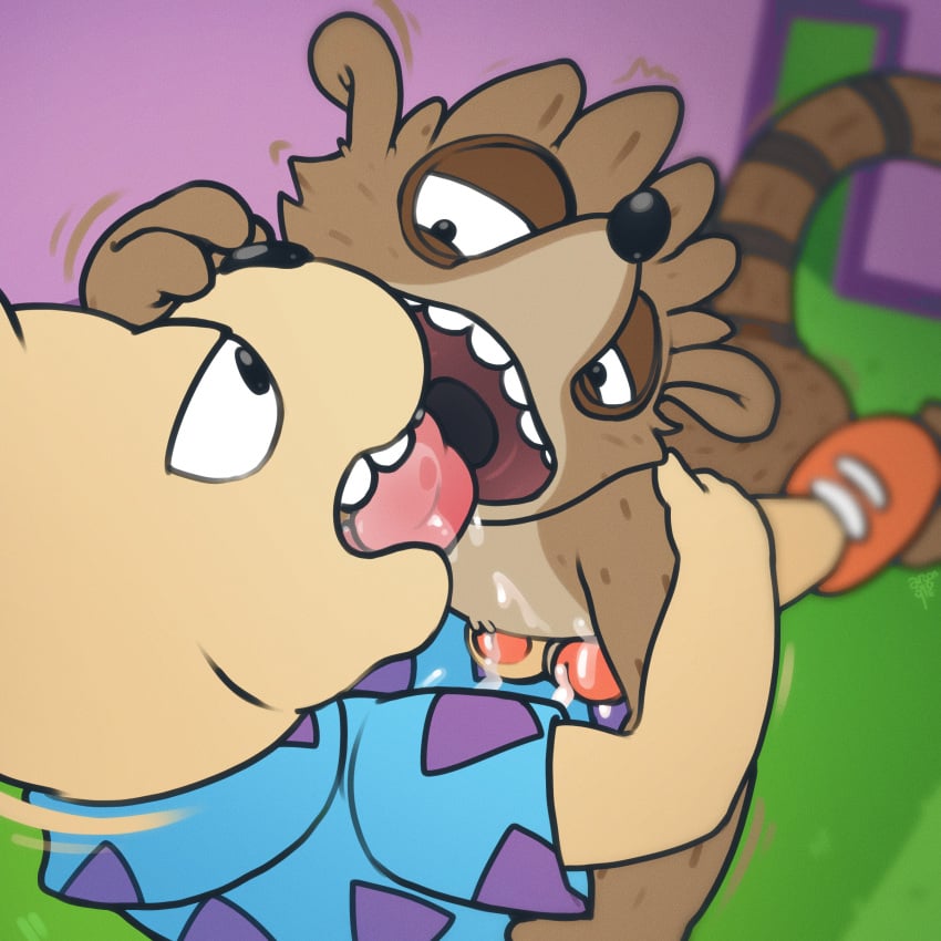 absurd_res anthro argon_vile bodily_fluids cartoon_network duo french_kissing gay genitals hi_res kissing macropod male male/male mammal marsupial nickelodeon penis procyonid raccoon regular_show rigby_(regular_show) rocko's_modern_life rocko_rama wallaby