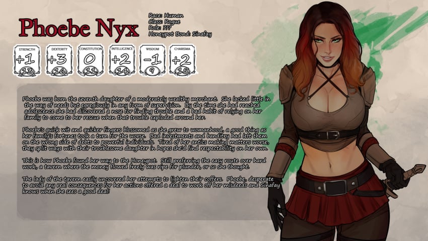 1girls abs character_profile cherry-gig clothed clothing dungeons_and_dragons english_text female female_focus female_only muscular_female original petite phoebe_nyx_(cherry-gig) stats text wide_hips