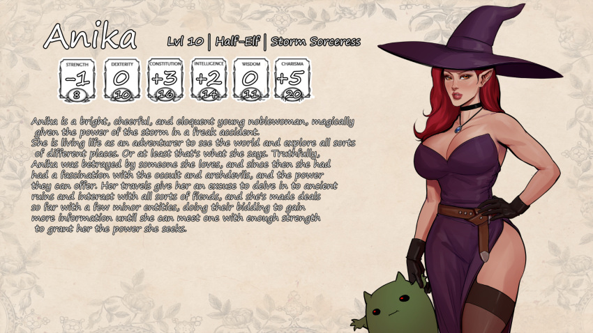 1girls anika_(cherry-gig) character_profile cherry-gig dungeons_and_dragons elf english_text female female_only half-elf handwear headwear legwear pale_skin petite sorcerer stats text