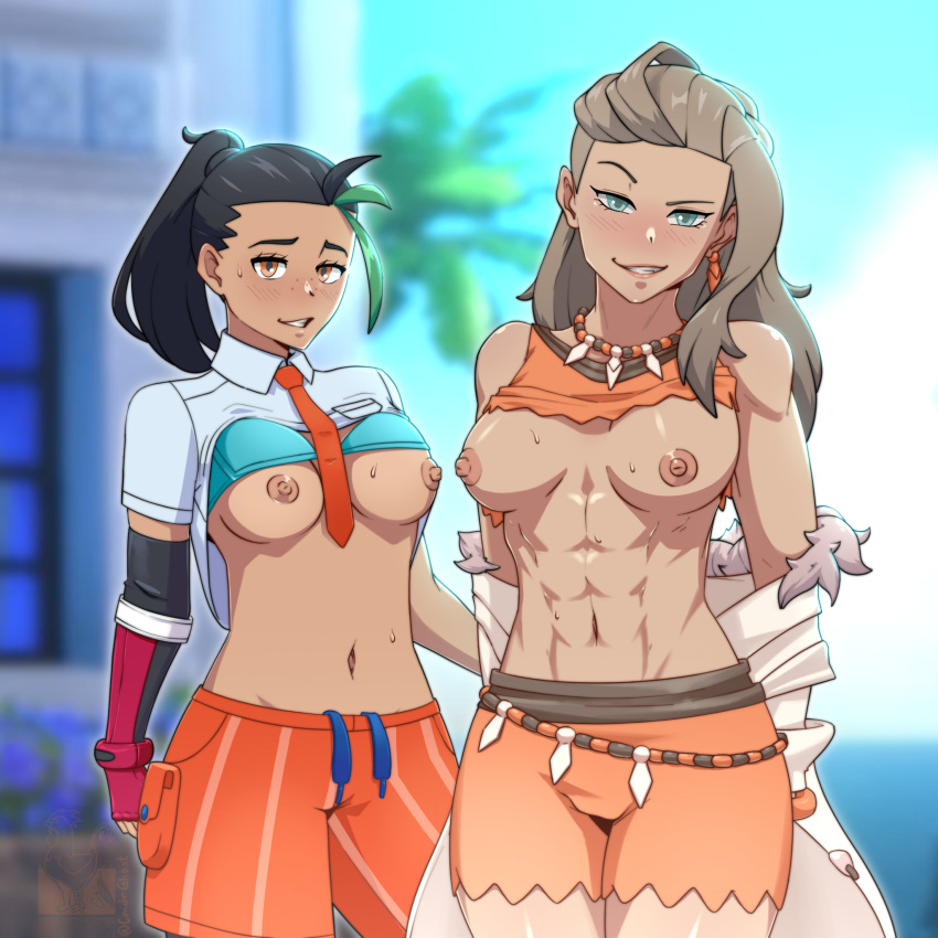 2d 2girls areolae breasts cmdrghost dark-skinned_female dark_skin female female_focus female_only flashing flashing_breasts highres long_hair looking_at_viewer multiple_girls nemona_(pokemon) nipples pokemon pokemon_sv ponytail professor_sada_(pokemon) short_hair sweat thighs