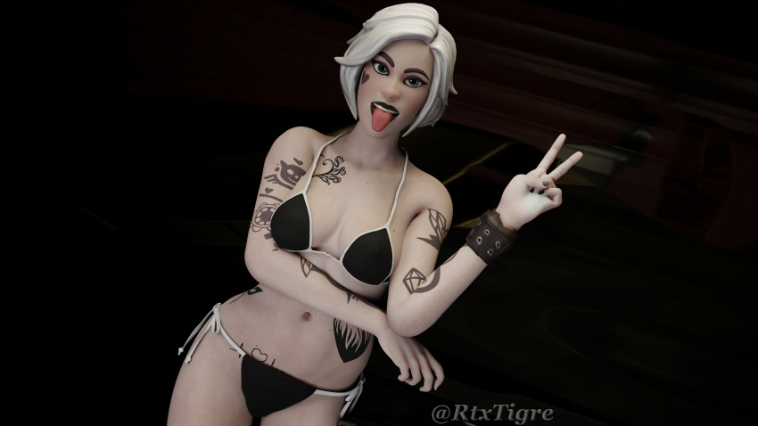 bikini bikini_bottom bikini_top bracelet fortnite goth goth_girl hand_under_breasts heart heart_on_cheek looking_at_viewer peace_sign rtxtigre tagme tattoo tattoos tess_(fortnite) tongue_out