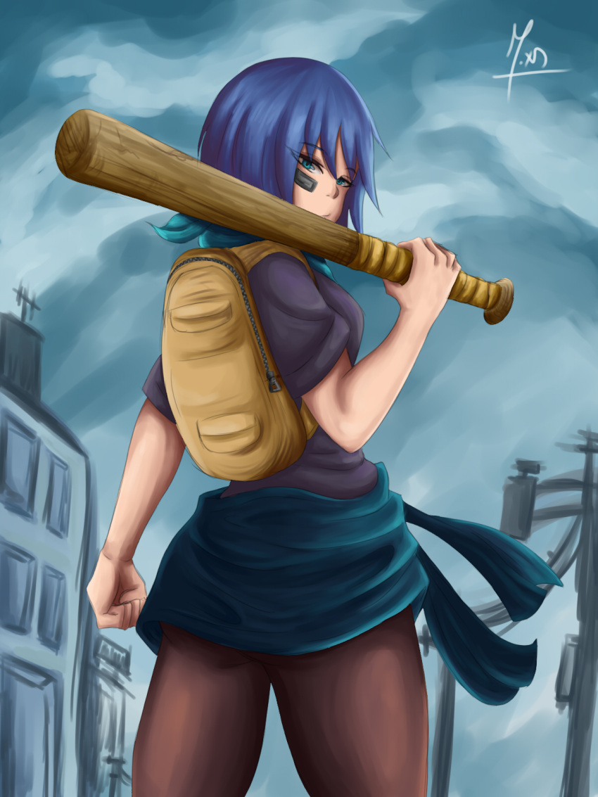 armados ass backpack baseball_bat big_ass black_shirt blue_eyes blue_hair blue_sky building_background closed_fist clouds color female light-skinned_female light_skin looking_at_viewer looking_back looking_behind megan_(armados) saikomic