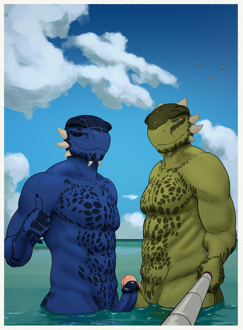 abs absurd_res anthro argonian beach bethesda_softworks biceps blue_body blue_eyes blue_scales claws digital_media_(artwork) erection genitals hi_res horn humanoid_genitalia humanoid_penis looking_at_viewer male male/male male_focus male_only muscular muscular_anthro muscular_male nude outside pecs penis reptile scales scalie sea seaside selfie shen_(archshen) sky smile tall_lizzard_(artist) the_elder_scrolls tristen video_games water