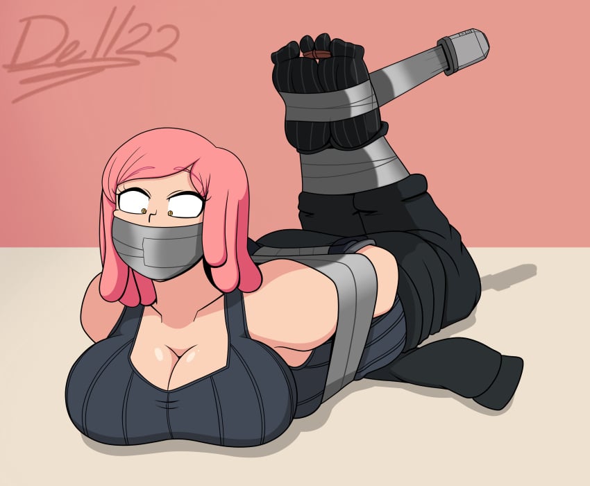 arms_behind_back big_breasts bondage bound_arms bound_feet bound_legs cleavage dellchan584 duct_tape laying_on_stomach mei_hatsume my_hero_academia on_front on_stomach round_ass round_butt solo tank_top tape_bondage tape_gag taped_arms taped_feet taped_legs taped_mouth tied_toes