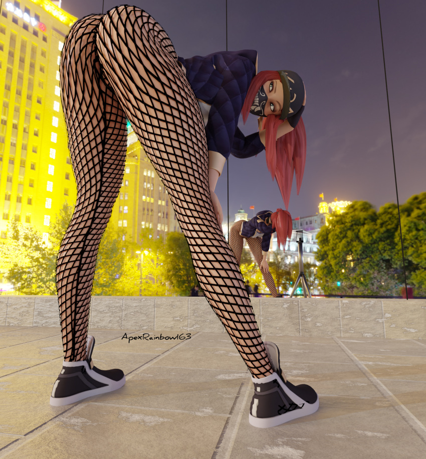 1girls 3d akali apexrainbow163 ass ass_focus bent_over city cityscape clothing dat_ass female female_only fishnets hat k/da_akali k/da_series league_of_legends looking_away mask mirror outside phone presenting presenting_ass red_hair reflection self_upload selfie solo standing streetwear