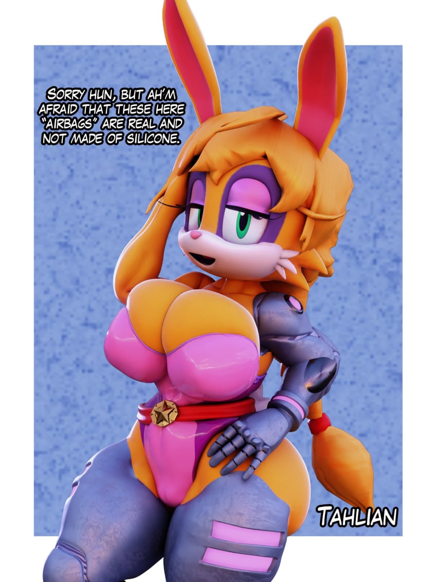 1girls 3d anthro ass belt big_ass big_breasts breasts bunnie_rabbot bursting_breasts cleavage clothing dialogue english_text female female_only green_eyes hand_on_head hand_on_hip huge_breasts lagomorph large_breasts looking_at_viewer mechanical mechanical_arm mechanical_legs rabbit solo sonic_(series) sonic_the_hedgehog_(series) source_filmmaker tahlian talking_to_viewer text thick_thighs wide_hips