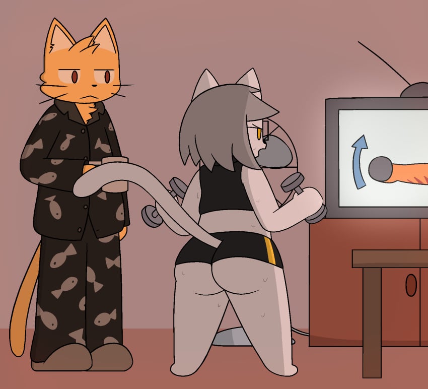 1boy 1girls anthro booty_shorts cat_ears cat_tail color excercise feline female furry furry_only glasses indoors lifting_weights original pajamas sweat sweating sweaty sweaty_butt sweaty_thighs trickster_(woofgang) watching_tv woofgang working_out workout workout_clothes