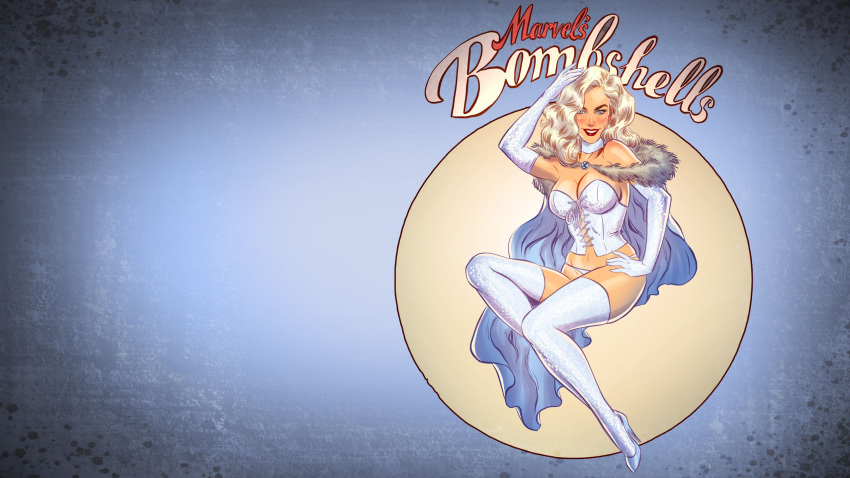 andrew_tarusov blonde_hair blue_eyes bombshell cape corset curvaceous curvy curvy_female elbow_gloves emma_frost fur_coat hand_on_head hand_on_hip hellfire_club high_heels hourglass_figure lingerie looking_at_viewer marvel marvel_comics panties pinup platinum_blonde_hair smiling smiling_at_viewer thighhighs white_queen x-men