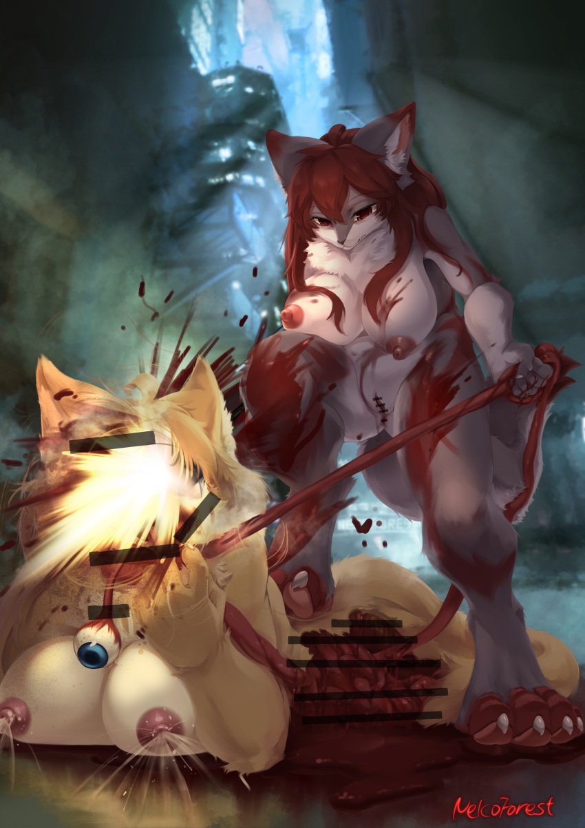 4_toes 5_fingers absurd_res alley anthro asphyxiation blonde_hair blood blood_on_fur blue_eyes bodily_fluids canid canine canis censor_bar censored chest_tuft choking claws death detailed_background digital_drawing_(artwork) digital_media_(artwork) disembowelment domestic_cat duo execution executioner eye_ball feet felid feline felis female female/female fingers foot_on_back fur gore grey_body grey_fur gun gunshot guts gutting hair hi_res holding_intestines imminent_death ineffective_censorship inner_ear_fluff intestines killing lactating lactation large_breasts large_feet light light_beam looking_at_another lying mammal multicolored_body nekoforest on_front organs ranged_weapon red_eyes red_hair scared shotgun signature slightly_chubby snuff thick_thighs toe_claws toes tongue tongue_out torture tuft two_tone_body weapon wolf yellow_body yellow_fur