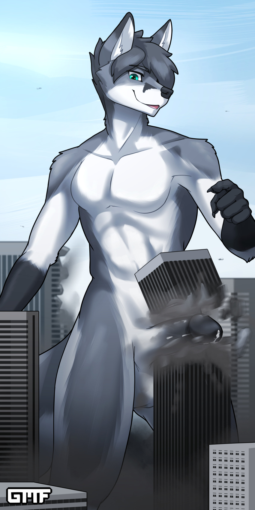 2022 5_fingers absurd_res anthro balls blue_eyes building canid canine city cloud destruction digital_media_(artwork) fingers gasmaskfox genitals grey_fox hi_res inner_ear_fluff male mammal penis sky skyscraper solo tuft urocyon watermark