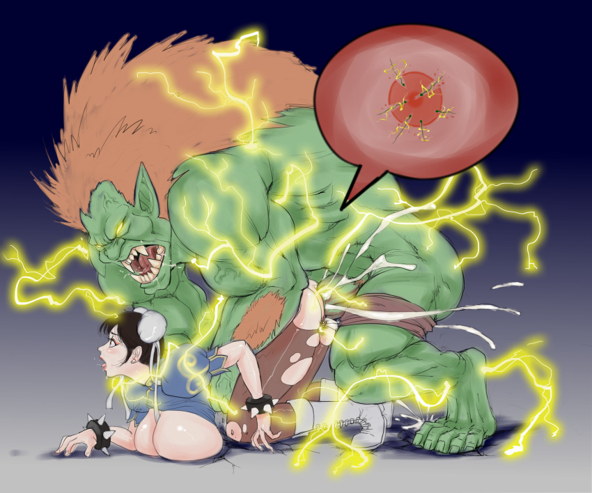 blanka breasts capcom chun-li cum cum_in_pussy defeated doggy_style ejaculation electric_shock electricity electrostimulation fangs female fixzhuzhu glowing_eyes green_skin impregnation large_breasts male ovum pantyhose rape shock shocked shocking sparks street_fighter torn_clothes torn_pantyhose vaginal_penetration