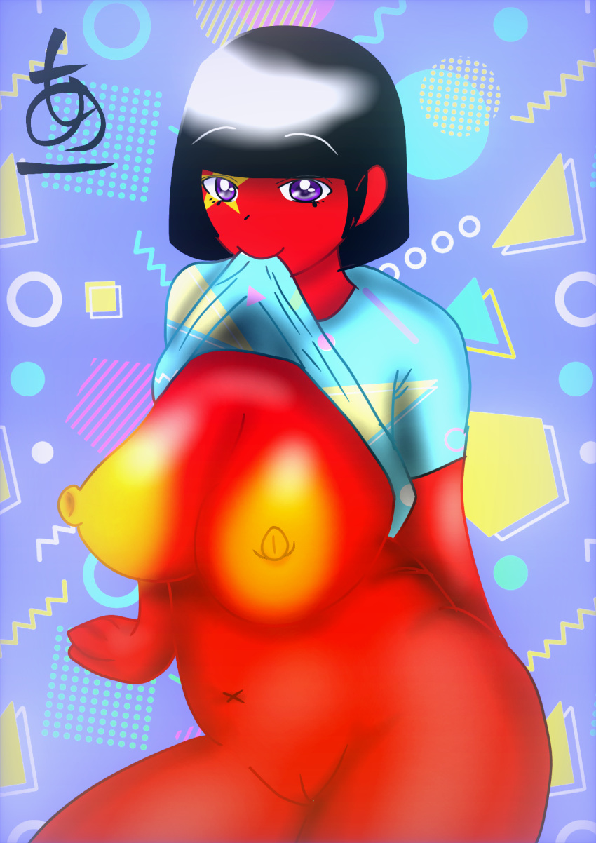 breasts countryhumans countryhumans_girl maoism polcompball polcomphuman purple_eyes pussy retro_background shirt_in_mouth star_in_eye