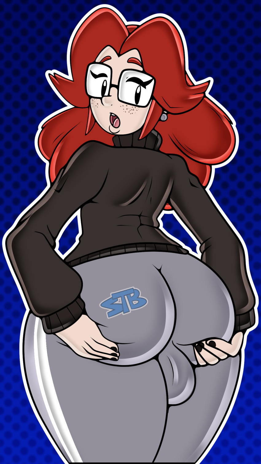 balls big_ass black_fingernails bulge earrings freckles glasses groping nat_(riteliso) open_mouth pale_skin red_hair self-grope supertastybuttz sweater through_clothes wide_hips