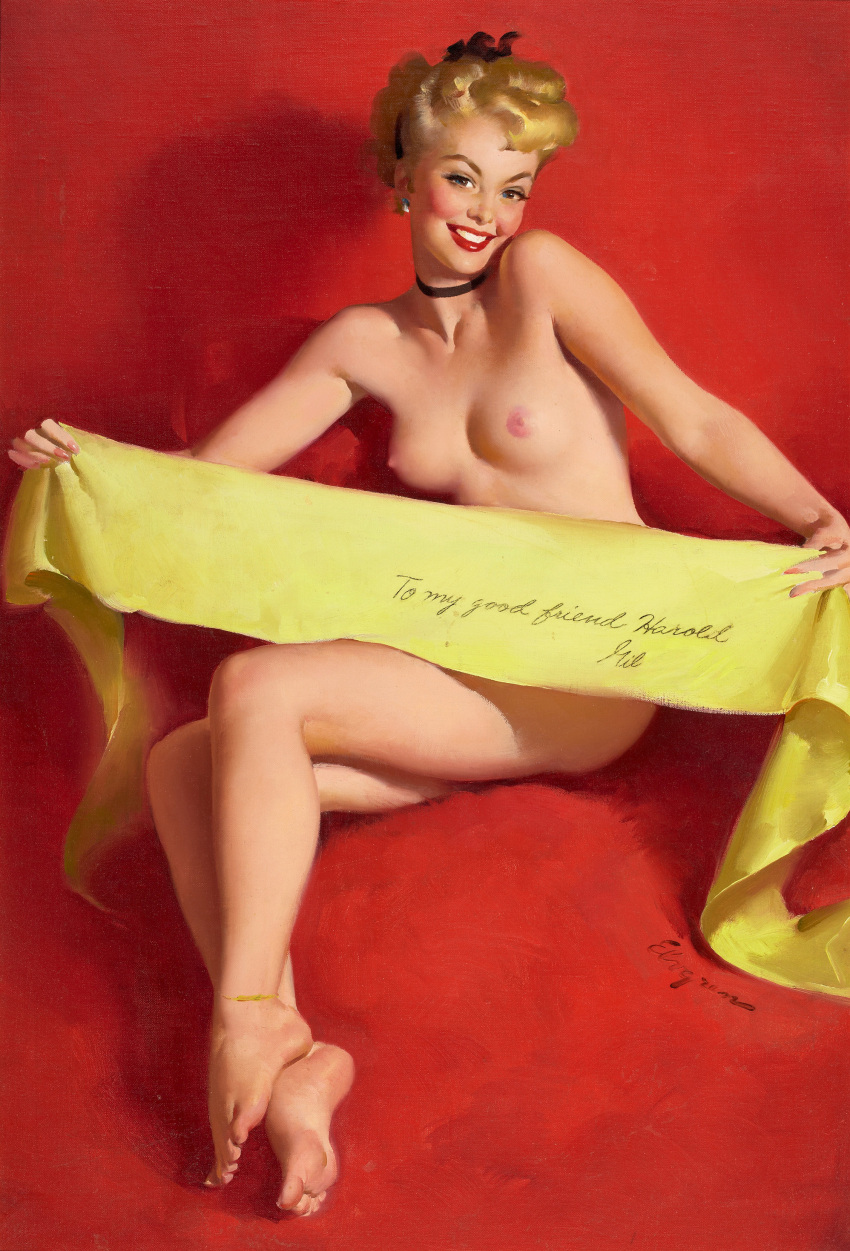 1950s 1953 1girls 20th_century 50s areolae blonde_hair breasts choker female female_only gil_elvgren holding_object lipstick looking_at_viewer nipples nude original painting_(artwork) pinup pinup_girl smile solo straight_hair text traditional_media_(artwork) vintage