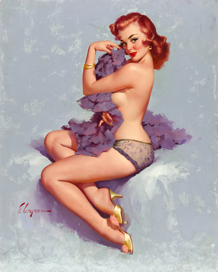 1960 1960s 1girls 20th_century 60s ass breasts brown_hair covering curly_hair earrings female female_only gil_elvgren gold_heels high_heels lipstick long_fingernails looking_at_viewer looking_at_viwer nail_polish original painting_(artwork) panties pinup pinup_girl side_view sideboob sitting solo topless traditional_media_(artwork) vintage