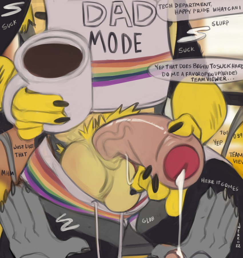 anthro at_work balls bodily_fluids coffee_mug cum cum_drip dripping duo foreskin genital_fluids genitals hi_res holding_penis jerro lgbt_pride male male/male male_only multitasking musk_clouds penis precum precum_drip pride_color_flag pride_colors tongue tongue_out uncut under_the_table working