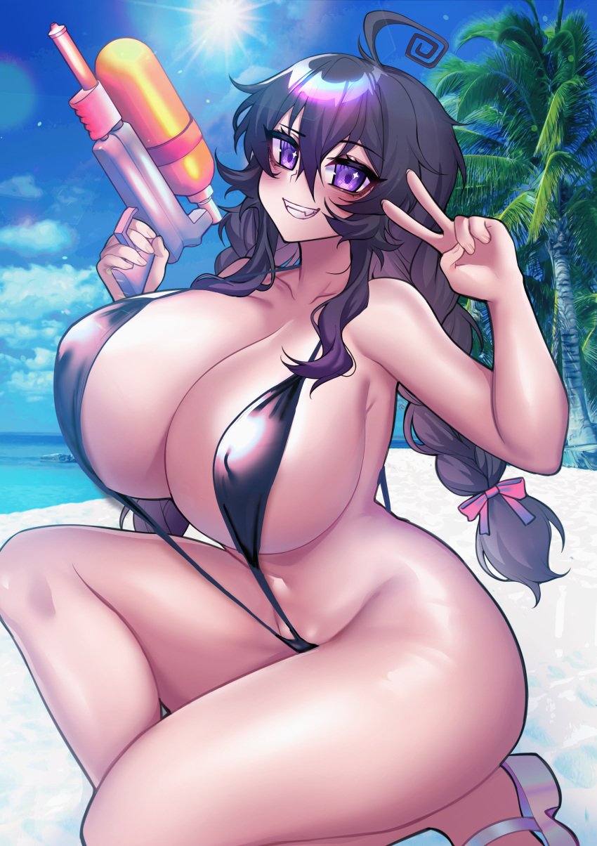 1girls beach big_breasts bikini black_bikini black_sling_bikini breasts crawling_dreams female female_only high_heels huge_breasts large_breasts navel nyarla_(crawling_dreams) nyarla_(osiimi) osiimi purple_eyes sandals sling_bikini smile solo solo_female summer thick_thighs thighs v_sign water_gun