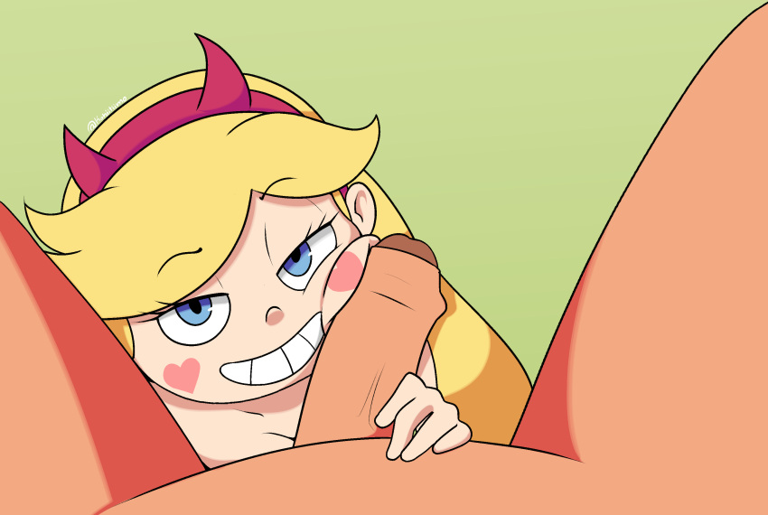 1boy 1girls blonde_female blonde_hair blue_eyes disney disney_channel disney_xd foreskin green_background grin half-closed_eyes headband heart_cheeks horns kohiitiimo looking_at_viewer male_pov partial_male penis penis_on_face pov simple_background smile star_butterfly star_vs_the_forces_of_evil straight_hair vein veiny_penis white_female