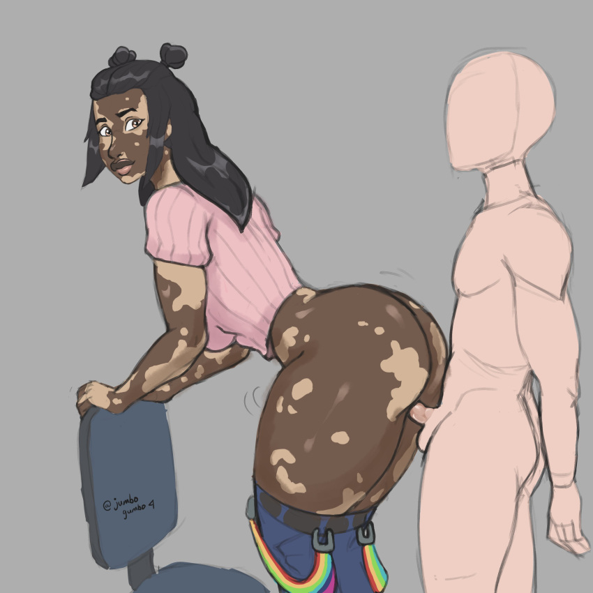 ass big_thighs black_hair chair faceless_male fortnite from_behind height_difference jeans joy_(fortnite) jumbogumbo larger_female looking_back mottled_skin office_chair pants_around_knees pants_down pink_clothing pink_sweater pink_topwear rainbow_clothing rainbow_suspenders sex short_sleeve_sweater short_sleeves side_view sketch small_penis small_penis_adoration smaller_male spotted_skin standing standing_sex suspenders suspenders_down suspenders_hanging thick_thighs thighs two_tone_skin vitiligo