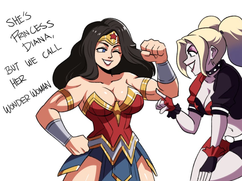 2girls batman_(series) big_breasts black_hair dc dc_comics english_text female female_only flexing flexing_bicep harley_quinn harley_quinn_(multiversus) multiple_girls multiversus muscular_female short_skirt smiling thick_thighs tinafate1 wonder_woman wonder_woman_(series)