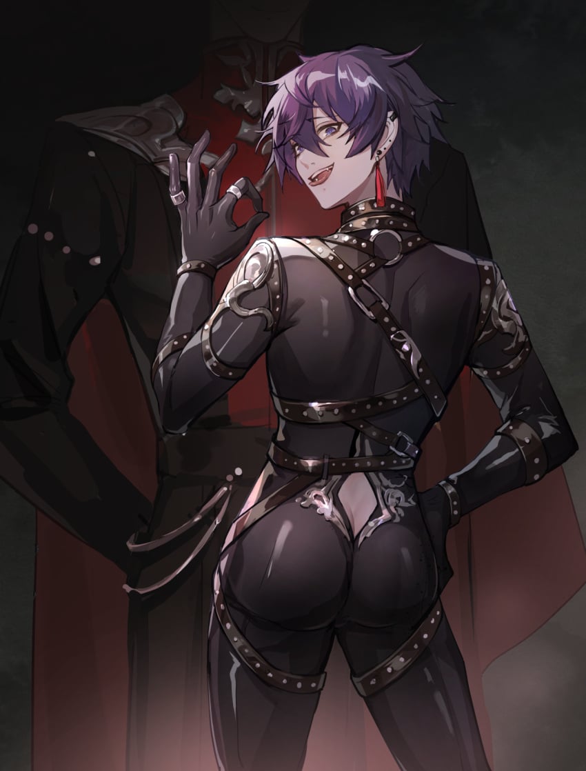 2boys ass ass_focus bodysuit ear_piercing earrings femboy hands_on_hips indie_virtual_youtuber leather_clothing leather_straps male male_only massam004 nijisanji nijisanji_en shoto shoto_(vtuber) thick_ass thick_thighs tongue tongue_out tongue_piercing virtual_youtuber vox_akuma