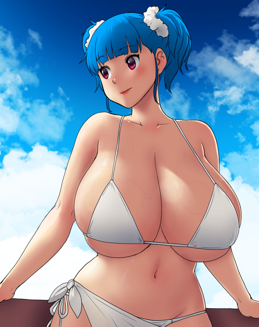 1girls arm_rest bakunyuu bare_shoulders belly_button bikini bikini_bottom bikini_top blue_hair blue_sky breasts cleavage clouds cloudy_sky collarbone curvaceous daytime enormous_breasts errorkazoo eyebrows_visible_through_hair female_focus hair_scrunchie hi_res high_resolution highres hourglass_figure huge_breasts looking_to_the_side massive_breasts navel original original_character outdoors red_eyes rina_atherina rina_atherina_(errorkazoo) single_female single_girl smile solo solo_female spread_arms swimsuit top_heavy_breasts towel_around_waist twintails underboob upper_body voluptuous white_bikini white_bikini_bottom white_bikini_top white_hair_ornament white_scrunchie white_swimsuit white_swimwear