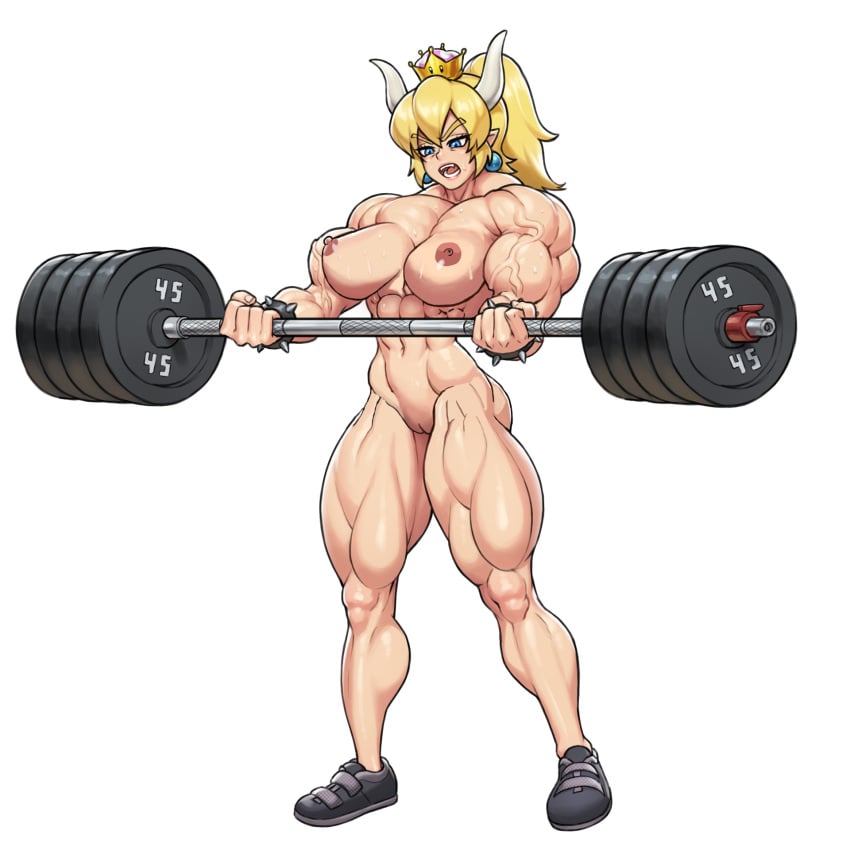 1girls abs big_breasts black_shoes blonde_hair blue_eyes bodybuilder bowsette bracelets breasts crown earrings eyebrows_visible_through_hair female female_only hijodekrypton horns light-skinned_female light_skin lips lipstick mario_(series) muscular muscular_female naked naked_footwear naked_shoes naked_sneakers naked_with_shoes_on new_super_mario_bros._u_deluxe nintendo nipples nude open_mouth pointy_ears pussy shoes sneakers solo spiked_bracelets super_crown thick thick_eyebrows thick_hips thick_thighs white_background wide_hips