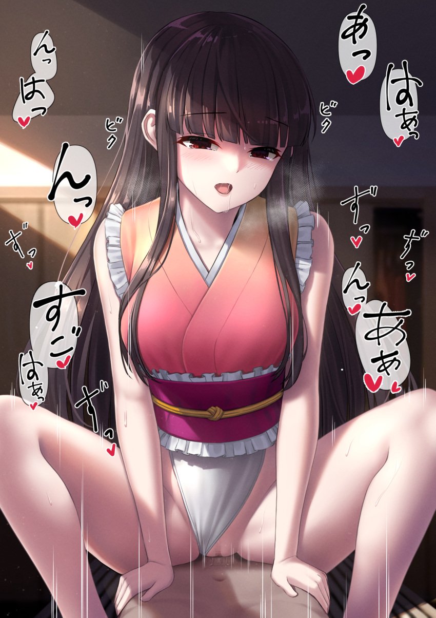 1boy azure-maya bangs black_hair blunt_bangs blush breasts clothed_female_nude_male clothing_aside cowgirl_position eyebrows_visible_through_hair feet_out_of_frame female highres indoors kaguya_houraisan long_hair looking_at_viewer nude open_mouth red_eyes sex solo_focus spread_legs squatting_cowgirl_position straddling straight sweat touhou touhou_tag_dream very_long_hair wrestling_outfit