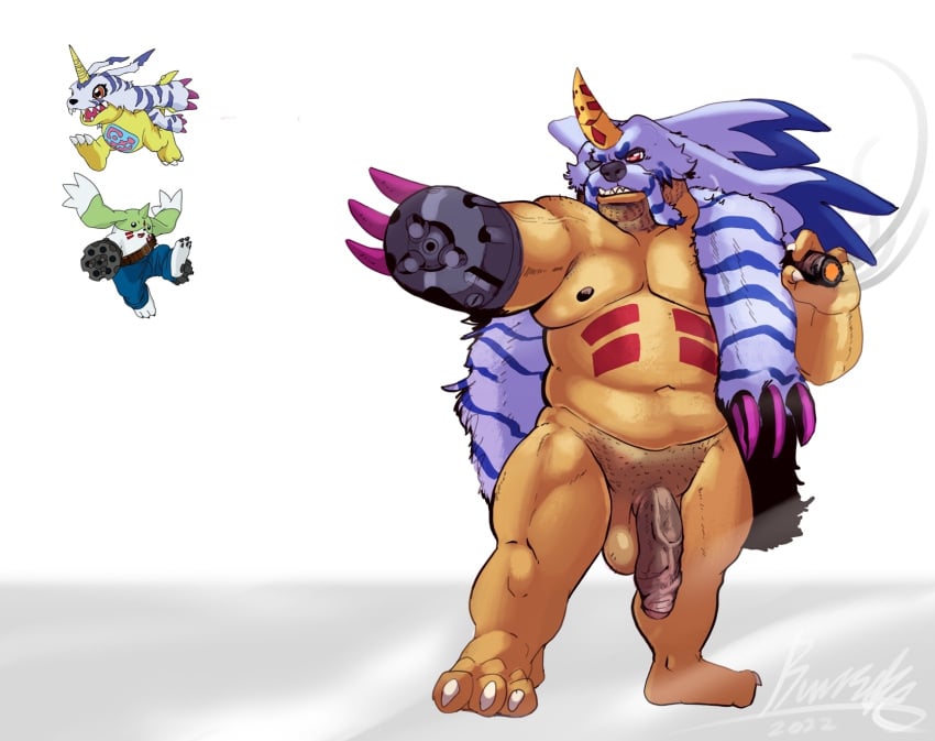 animal_skin anthro balls bandai_namco big_penis burrserk cigar claws digimon digimon_(species) flaccid foreskin fupa fur fusion gabumon gargomon genitals gun_arm hairy hi_res male navel nipples one_eye_closed pecs penis smoking solo striped_body striped_fur stripes yellow_body