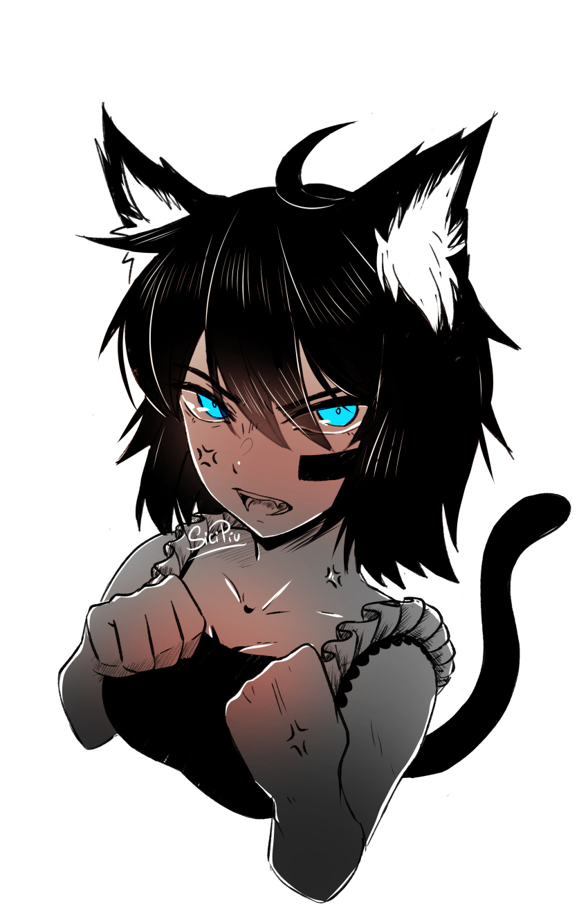 angry angry_face armados black_hair blue_eyes cat_ears cat_tail catgirl female female_only gray_skin light-skinned_female light_skin maid maid_uniform megan_(armados) saikomic short_hair simple_background white_background