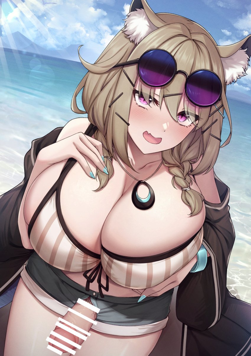 1futa animal_ears arknights beach big_breasts big_penis blush breasts busty cat_ears cat_girl catgirl censor_bar clothed clothing dickgirl erect_penis erection exposed_penis fou_zi futa_only futanari gigantic_breasts high-angle_view horny huge_breasts humanoid humanoid_penis intersex kemonomimi large_breasts light-skinned_futanari light_skin looking_at_viewer massive_breasts mostly_nude nipples open_fly open_pants paid_reward paintcan penis penis_out penis_out_of_shorts penis_outside penis_through_fly short_shorts shorts standing sunglasses sunglasses_on_head utage_(arknights) voluptuous