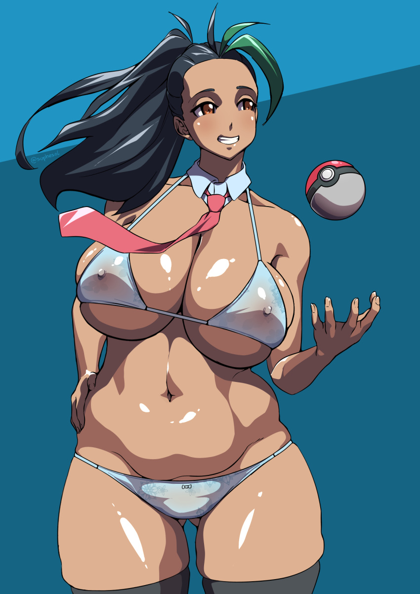 1girls alternate_body_type alternate_breast_size bikini breasts busty curvaceous curves curvy curvy_body curvy_female curvy_figure dark-skinned_female dark_skin female female_focus female_only huge_breasts nemona_(pokemon) nintendo nipples nipples_visible_through_clothing pokeball pokemon pokemon_sv solo solo_female suphesol teeth teeth_showing thick_thighs thighs tie voluptuous