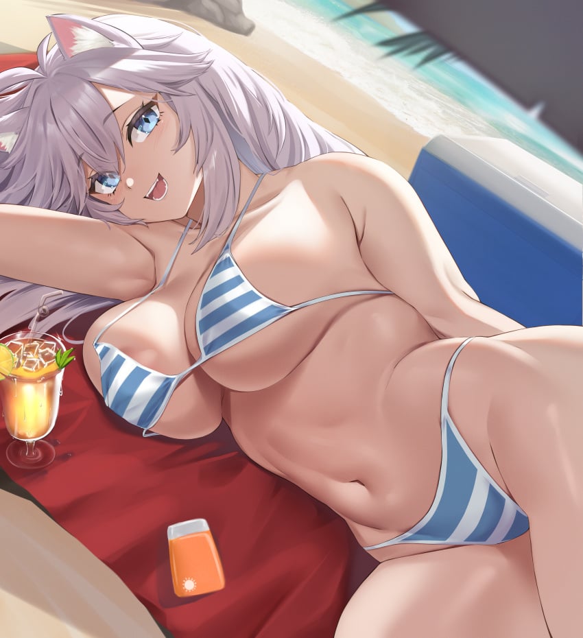 1girls beach big_breasts bikini blue_and_white_striped_bikini blue_eyes breasts busty cat_ears cat_girl catgirl curvaceous female female_only juice laying_down looking_at_viewer moisture_(chichi) navel solo solo_female staring_at_viewer summer sunscreen veibae virtual_youtuber voluptuous vshojo white_hair