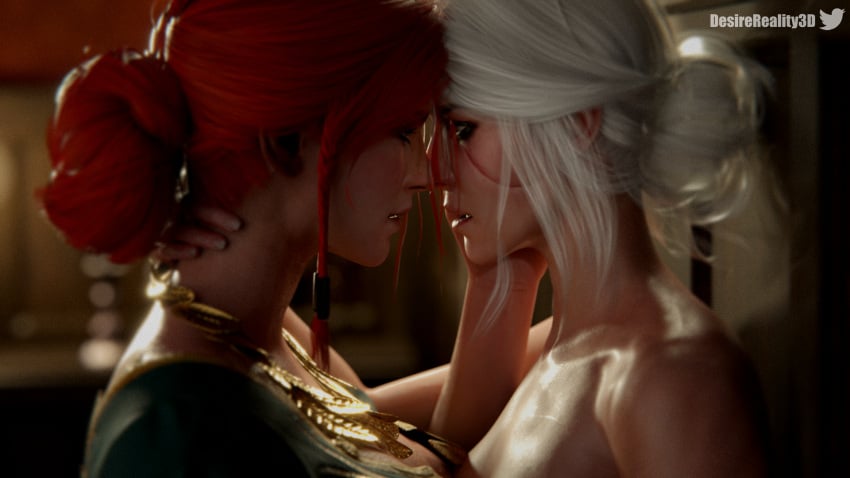 2girls 3d breasts_to_breasts cd_projekt_red ciri clothed desire_reality female female_only kissing nude_female red_hair the_witcher_(series) the_witcher_3:_wild_hunt triss_merigold white_hair yuri