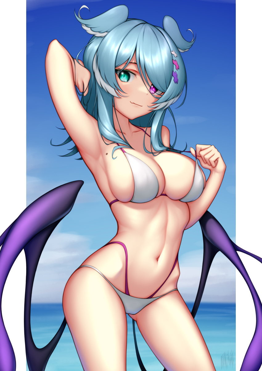 1girls armpit armpits bare_shoulders belly_button big_breasts bikini blue_hair cleavage dragon_girl dragon_wings elira_pendora hair_wings head_wings heterochromia midriff mole mole_on_armpit mole_on_breast navel nijisanji nijisanji_en nitrus14 one_arm_behind_head one_arm_up soft_breasts solo solo_female solo_focus swimsuit virtual_youtuber x_hair_ornament