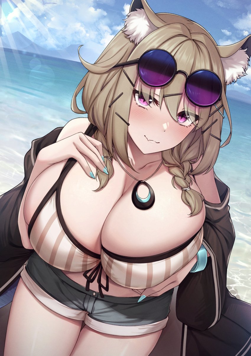 1girls arknights beach big_breasts blush breasts busty cat_ears cat_girl catgirl clothed doctor_(arknights) female female_only gigantic_breasts huge_breasts large_breasts massive_breasts nipples paintcan pov shorts solo solo_female sunglasses sunglasses_on_head utage_(arknights) voluptuous