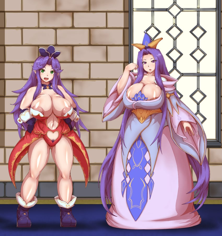 angela angela_(seiken_densetsu_3) angela_(trials_of_mana) areola areola_slip areolae areolae_slip bimbo breasts breasts_bigger_than_head bursting_breasts cleavage gigantic_breasts huge_areola huge_areolae huge_breasts huge_nipples large_breasts long_hair looking_at_viewer mother_and_daughter nipples princess pubic_hair pubic_hair_peek purple_hair queen queen_valda revealing_clothes revealing_clothing seiken_densetsu seiken_densetsu_3 tagme trials_of_mana very_long_hair