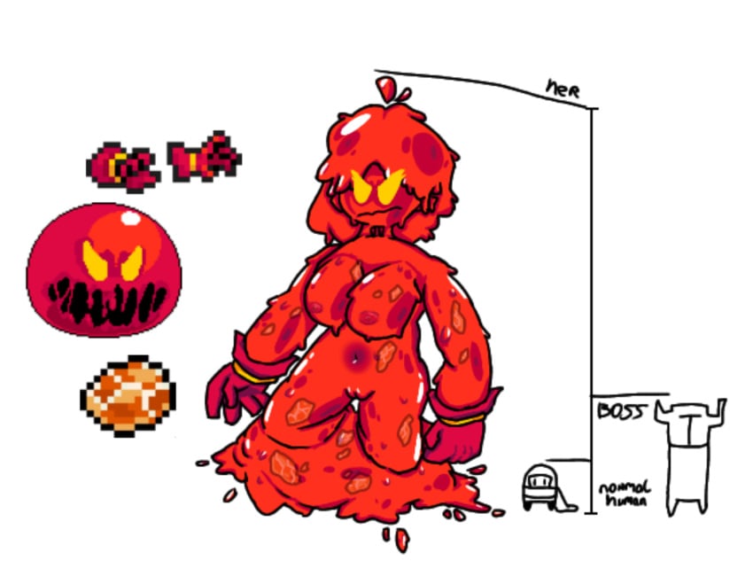 2022 boobs breasts camex_ female gloves grand_slime pussy red_hair red_slime size_comparison size_difference slime slime_girl soul_knight text uncensored yellow_eyes