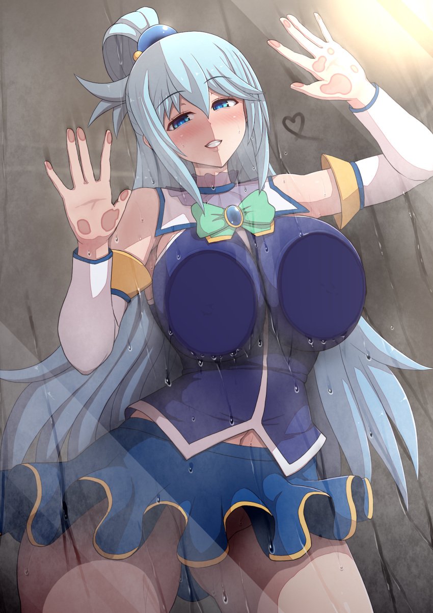 1girls 2022 against_glass aqua_(konosuba) blue_eyes blue_hair breasts clothed clothed_female deity female female_only goddess hi_res hips huge_breasts kono_subarashii_sekai_ni_shukufuku_wo! long_hair looking_at_viewer naughty_face ponpo slim_waist solo solo_female suggestive_look thick_thighs thighs wide_hips