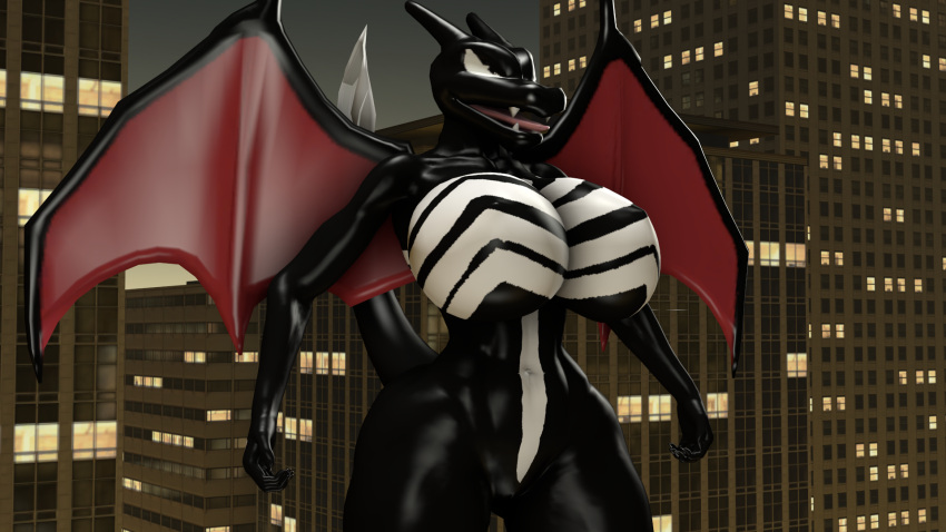 16:9 2021 3d_(artwork) anthro anthro_only barely_visible_genitalia barely_visible_pussy big_breasts black_body breasts charizard city city_background clothed clothing digital_media_(artwork) featureless_breasts female fully_clothed genitals hi_res huge_breasts marvel nintendo no_nipples open_mouth pokémon_(species) pokemon pokemon_(species) pokesymbiote pose pussy red_wings solo source_filmmaker standing symbiote tongue venom_(marvel) video_games white_eyes widescreen wings