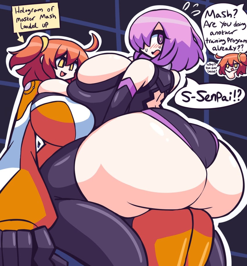 2girls big_ass big_breasts blush breasts bubble_butt chaldea_combat_uniform cleavage_cutout dialogue fate_(series) female fujimaru_ritsuka_(female) gensin gudako huge_ass huge_breasts leotard mash_kyrielight medium_hair multiple_girls orange_hair pink_hair purple_eyes shielder_(fate/grand_order) short_hair tagme text text_bubble thick thick_ass thick_thighs thighhighs