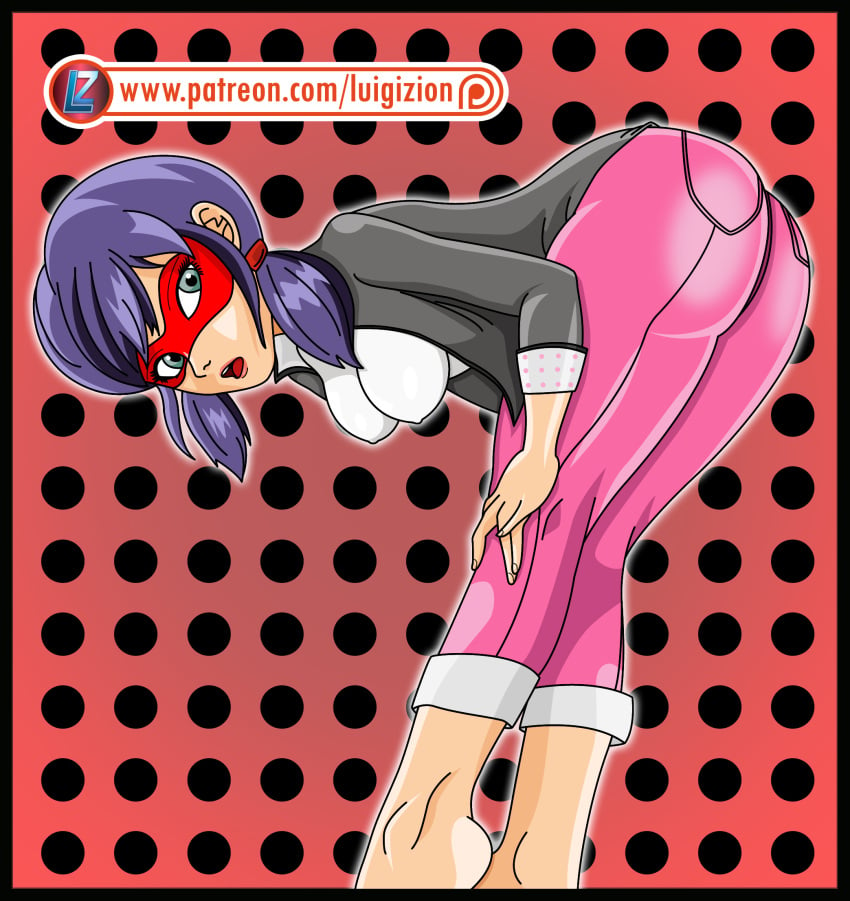 1:1_aspect_ratio 1girls alternate_version_available artist_name blue_eyes blue_eyes_female blue_hair blue_hair_female looking_back looking_worried luigizion marinette_cheng marinette_dupain-cheng mask masked masked_female medium_breasts miraculous_ladybug open_mouth patreon patreon_link patreon_logo questionable short_blue_hair short_hair teenage tongue