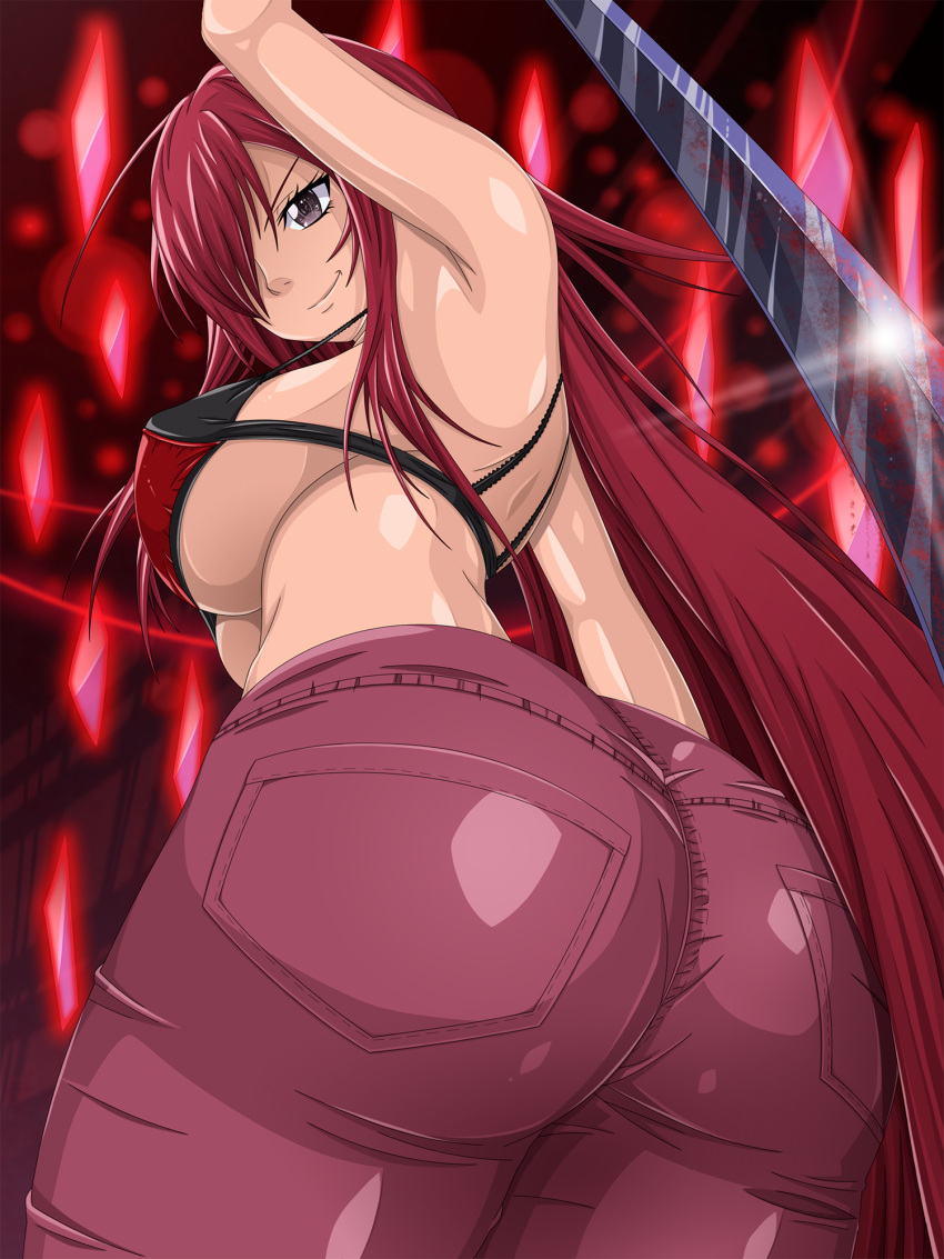 1girls alternate_costume alternate_hair_length alternate_hairstyle arm_up armpits ass back_view bare_arms bare_back bare_shoulders big_breasts bottom_heavy bra breasts brown_eyes bubble_ass bubble_butt dat_ass erza_scarlet extremely_long_hair fairy_tail fat_ass female female_only from_behind hair_over_one_eye half-dressed holding_object holding_sword holding_weapon jeans long_hair looking_at_viewer looking_back one_arm_up pants partially_clothed pinup pinup_pose rear_view red_hair round_ass shirtless sideboob skyf0rtress smile solo sword thick_thighs tight_pants topless very_long_hair voluptuous weapon