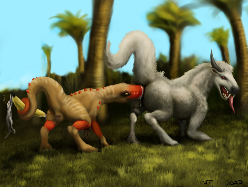 absurd_res banana bodily_fluids dinosaur dromaeosaurid duo equid equine fantasy female female/female feral fluffy food fruit genital_fluids green group hi_res horse jurassic mammal oral plant pussy_juice quadruped red reptile scalie tan theropod trio velociraptor white wildtail_(artist)