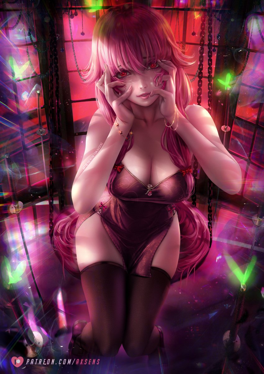 1girls absurd_res absurdres axsens bangs bare_arms bare_shoulders big_breasts bracelet bracelets breasts chains cleavage clothed clothed_female clothing dress female female_focus female_only fit fit_female fringe full_body gasai_yuno glowing_eyes hands_on_face hands_on_own_face high_resolution highres hips kneeling large_filesize legs light-skinned_female light_skin long_hair looking_at_viewer medium_breasts mirai_nikki nightclub on_knees petite pink_dress pink_eyes pink_hair pink_shoes red_eyes shoes solo solo_female solo_focus stockings teenager thighhighs twintails very_high_resolution very_long_hair yandere