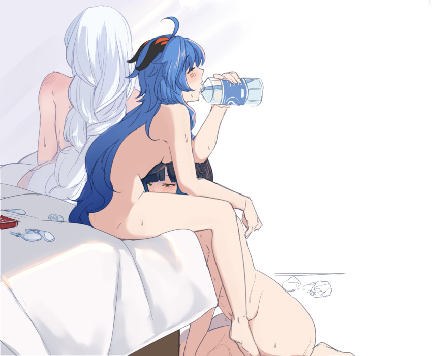 1futa 2girls after_sex ahoge bangs bed black_hair blue_hair blush bob_cut bottle braid braided_ponytail breasts closed_eyes condom condom_box diagonal_bangs drinking fff_threesome futa_on_female futanari ganyu_(genshin_impact) genshin_impact goat_horns green_eyes group_sex hinagi_(fox_priest) holding holding_bottle horns implied_fellatio implied_futanari kneeling long_hair medium_breasts multiple_girls nude on_bed shenhe_(genshin_impact) simple_background sitting sitting_on_bed sweat sweating_profusely threesome used_condom white_background white_hair yelan_(genshin_impact)