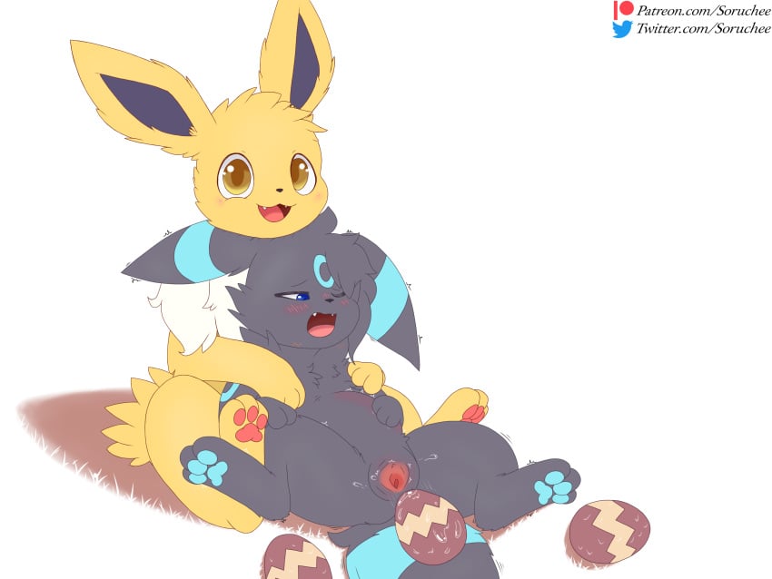 2022 4:3 absurd_res blush bodily_fluids canid canine digital_media_(artwork) duo eeveelution egg egg_laying embrace female feral furry genital_fluids genitals hand_on_stomach happy hi_res hug hugging_from_behind jolteon looking_down looking_pleasured male male/female mammal nintendo pawpads paws pokémon_(species) pokemon pregnant pregnant_female pussy sitting soruchee soruchee_(soruchee) syna_the_umbreon text tongue umbreon url video_games