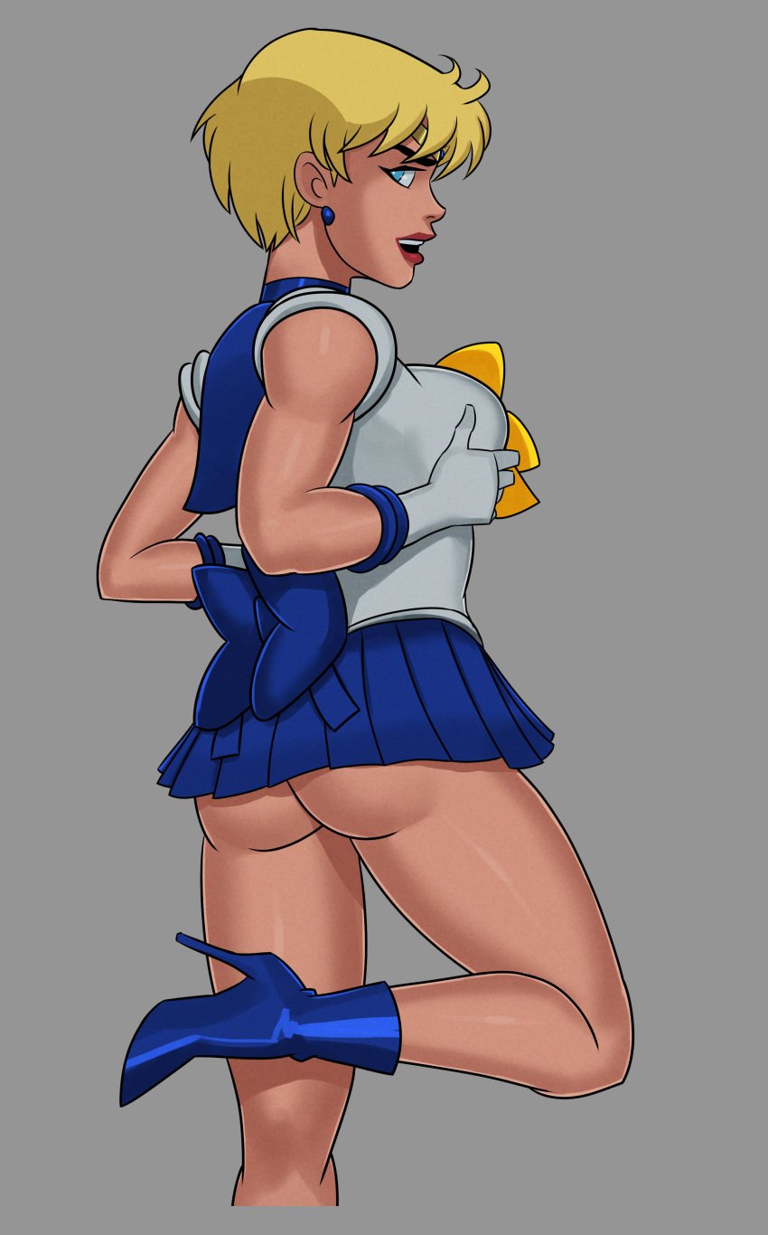 1girls ass bishoujo_senshi_sailor_moon blonde_hair blue_boots blue_eyes blue_skirt boots breasts breasts_out clothed clothing cosplay crossover dc dc_comics dcau elbow_gloves exposed_ass female female_only galatea high_heel_boots high_heels justice_league_unlimited leg_up no_panties posing sailor_uranus_(cosplay) simple_background skirt small_breasts smug solo something_unlimited sunsetriders7 white_gloves