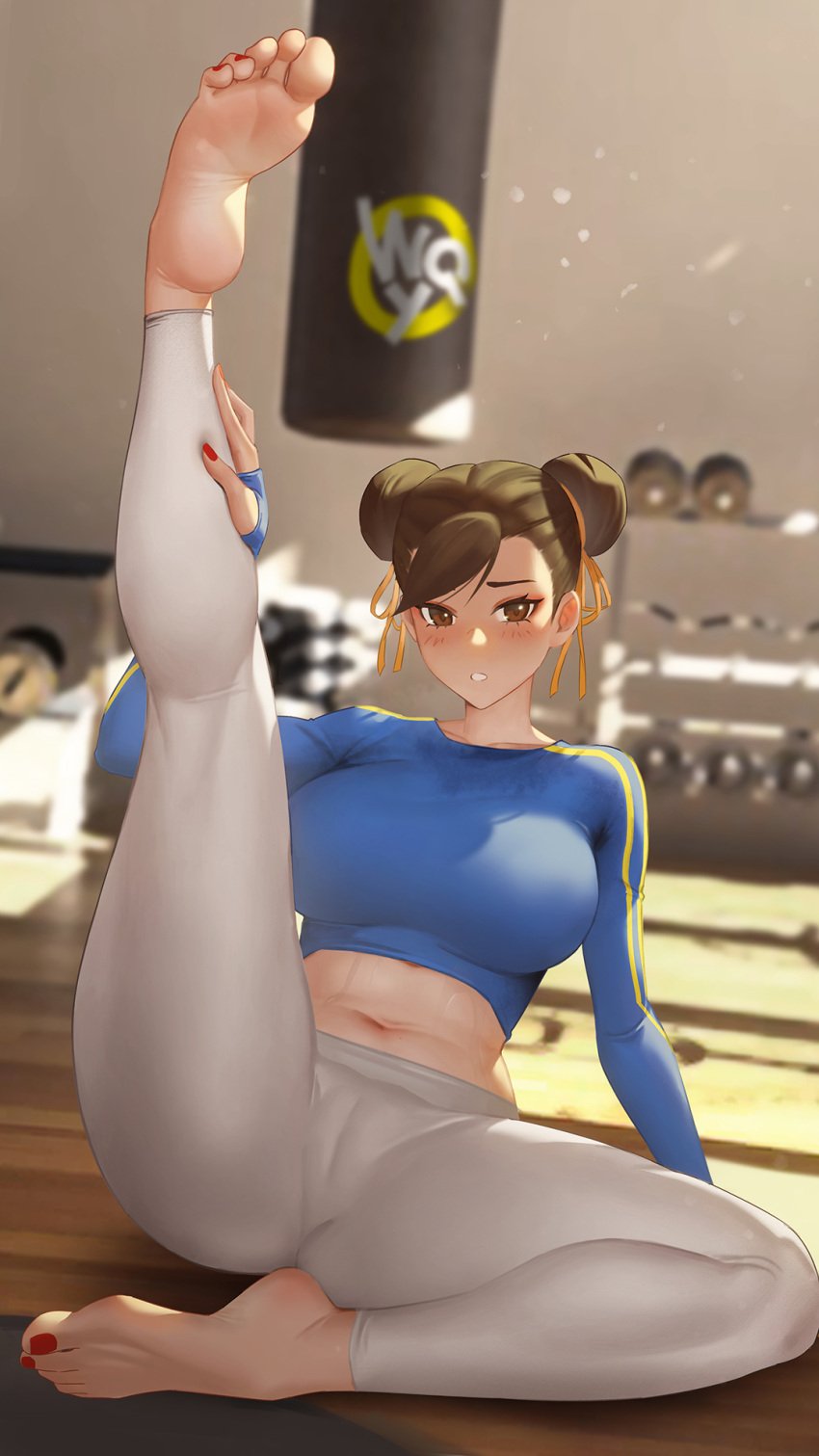 2020s 2022 barefoot brown_eyes brown_hair cameltoe capcom chun-li feet feet_up foot_focus foot_up gym_clothes leggings legs midriff one_leg_up red_nails red_toenails soles solo_female street_fighter sweat sweatdrop toes w.q.y