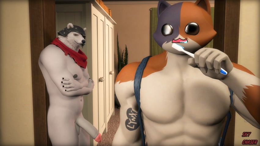 3d 3d_(artwork) anthro arm_tattoo brush brushing brushing_teeth calico_cat clothed clothed/nude clothing digital_media_(artwork) domestic_cat duo epic_games felid feline felis fortnite gay genitals hi_res imminent_sex male male/male mammal meowscles_(fortnite) mottled muscular muscular_anthro muscular_male nipples nude penis piebald polar_bear polar_patroller polar_patroller_(fortnite) scarf sky_chaser source_filmmaker surprise surprised_expression tattoo toothbrush ursid ursine video_games